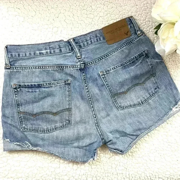 American Eagle Slim Straight Web Cuff Distress Denim Highrise Jean Shorts - Picture 6 of 13